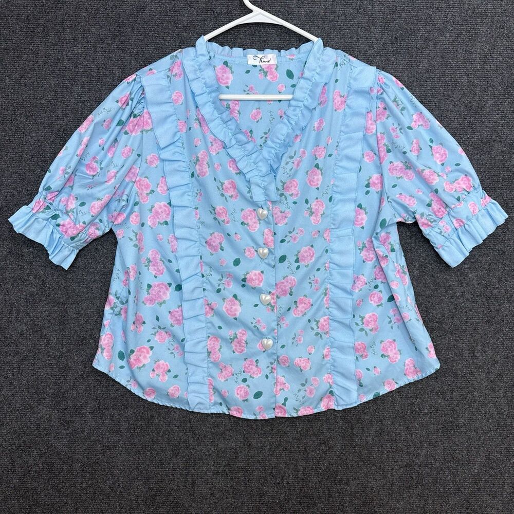 Kawaii Pastel Floral Ruffle Blouse Heart Buttons Short Sleeve Coquette Size L